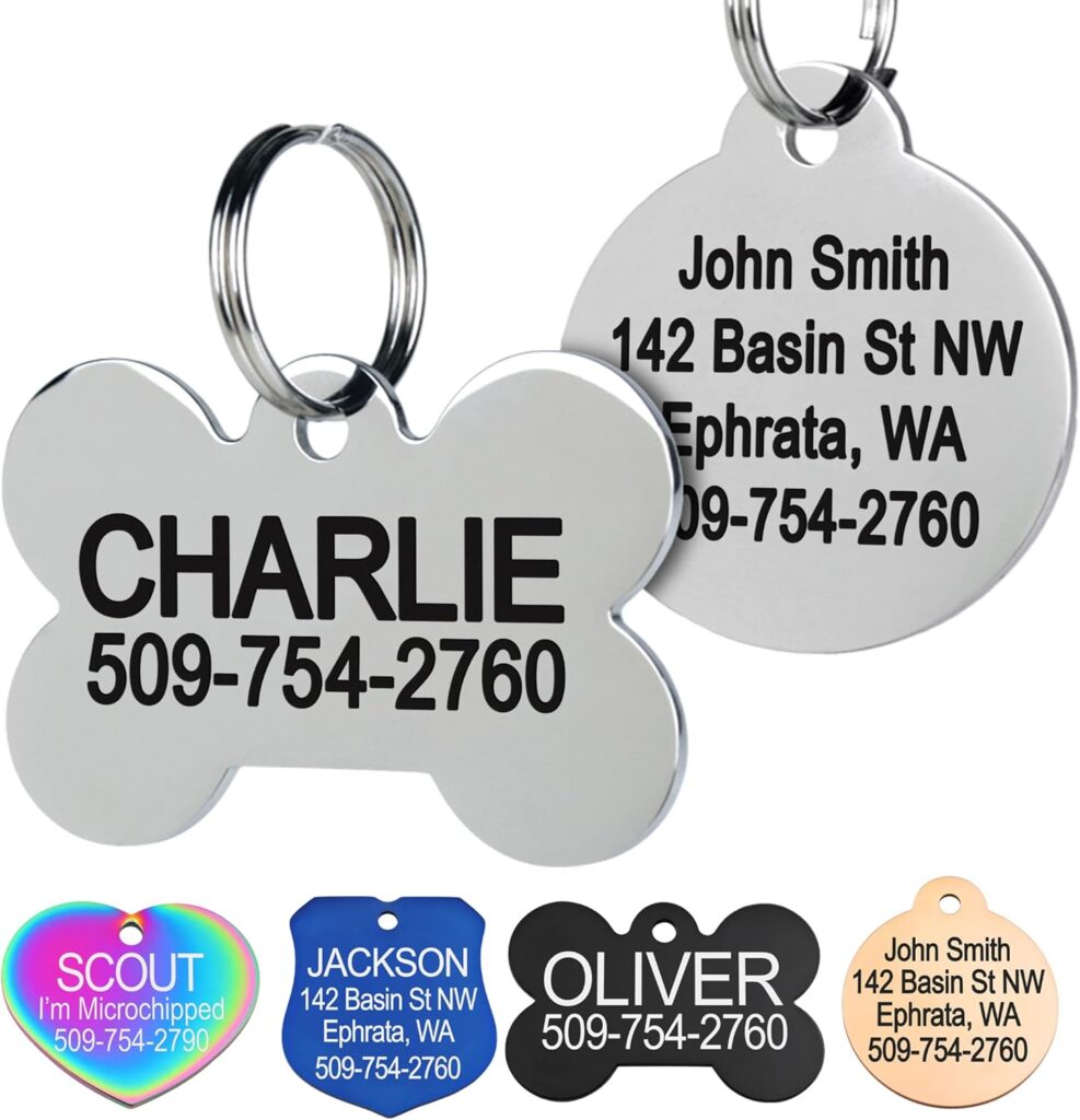 GoTags Stainless Steel Pet ID Tags, Personalized Dog Tags and Cat Tags, up to 8 Lines of Custom Text, Engraved on Both Sides, in Bone, Round, Heart, Bowtie and More